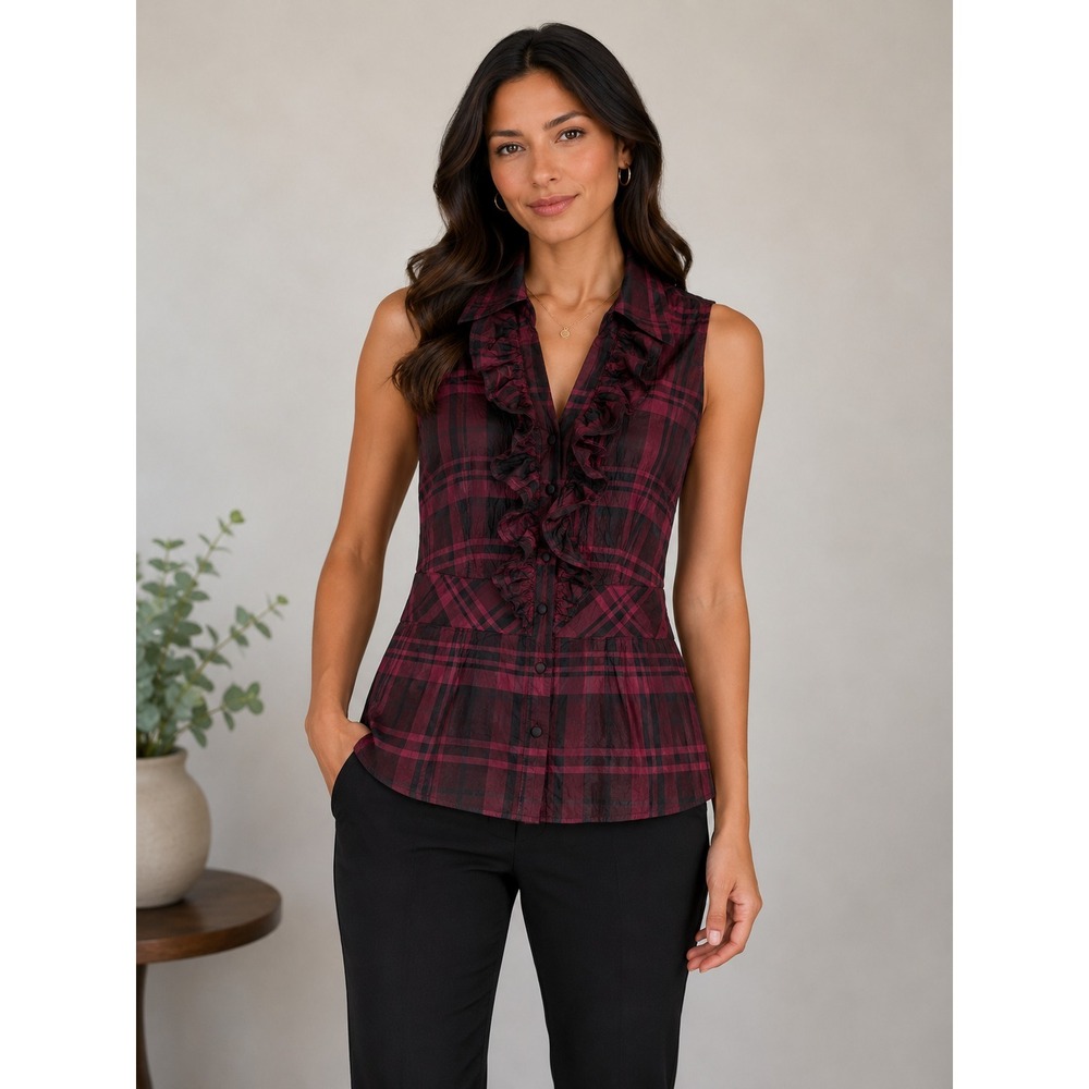Ann Taylor Silk Plaid Ruffle Sleeveless Blouse Burgundy Cocktail Wedding S/M 8